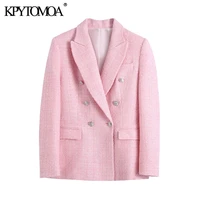 kpytomoa women 2021 fashion double breasted tweed blazer coat vintage long sleeve pockets female outerwear chic veste femme