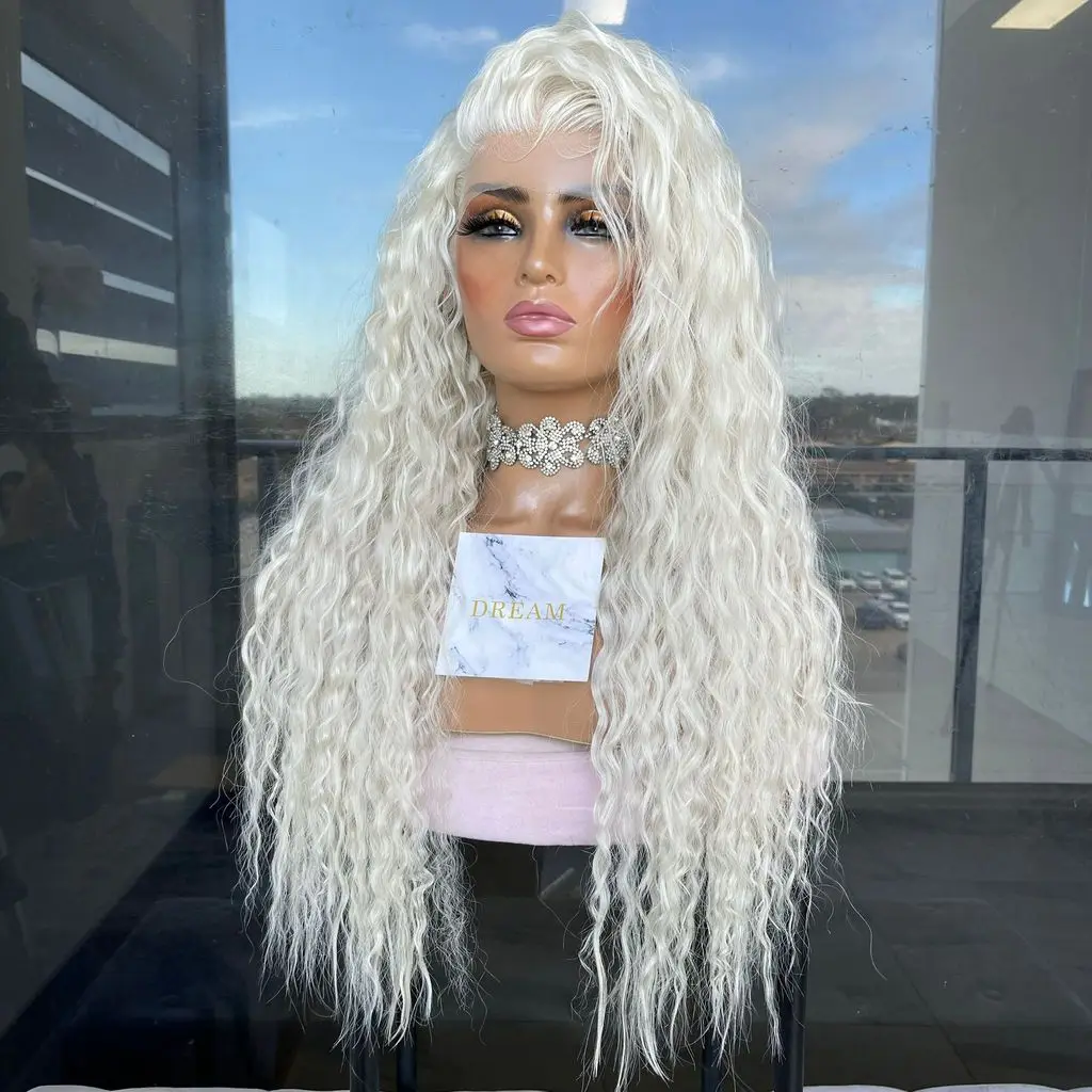 

Platinum Blonde Brown Water Wavy Synthetic Lace Front Wig Heat Resistant Loose Curly Half Hand Tied Front Wig Headband Soft Hair