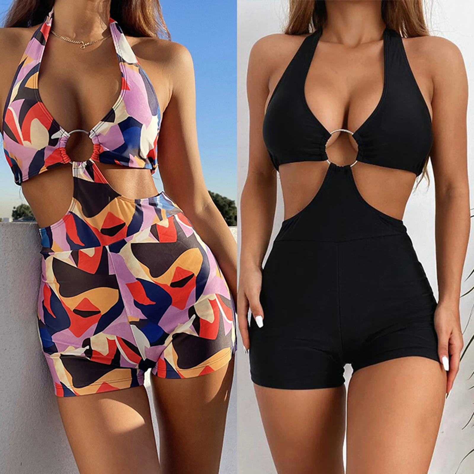 

Rarjuiey Women’s Sexy One-piece Suits Halter Bikini Personality Solid Color/Printing Metal Ring Slim Fit Swimsuit Bathing Suits