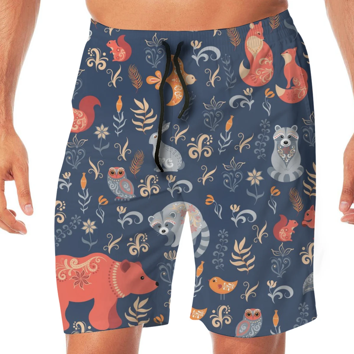

Men Casual Summer Hawaiian Beach Pants Half Trousers Fairy Tale Forest Aniamls Fox Bear Raccoon Owls