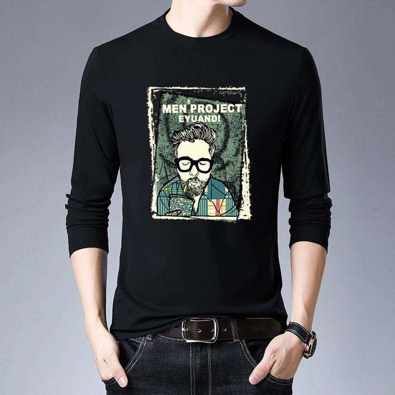 

Men's Long Sleeve T Shirts Print Letter O-neck Tee Male Tops Tee Glasses IT Men Project Eyuandi