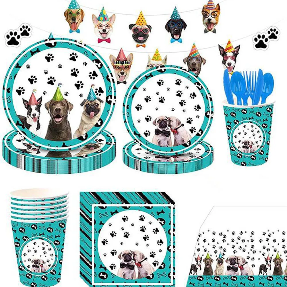 

Pet Dog Theme Balloon Paper Cup Paper Plate Tablecloth Napkin Knife Fork Spoon Birthday Pull Flag Disposable Party Tableware Set