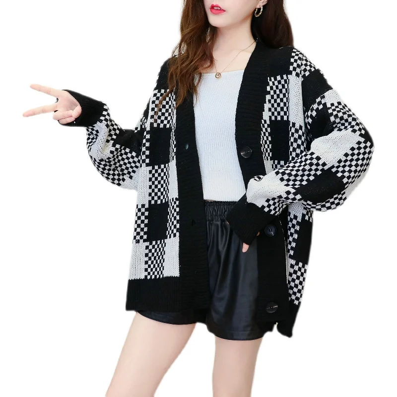 

2021 Autumn Winter New Women's Sweater Jackets Plaid Striped Knitted Ladies Cardigan Outerwear Loose Female Basic Coats KS803