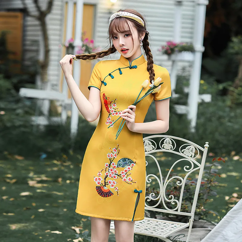 

Summer Plum Printed Yellow Satin Mandarin Collar Mini Qipao Traditional Chinese Women Short Sleeve Dress Daily Student Cheongsam
