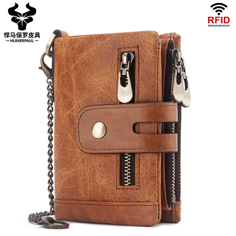 First Layer Cowhide Multifunctional Men's Wallet European and American Leather Zipper Buckle Clutch