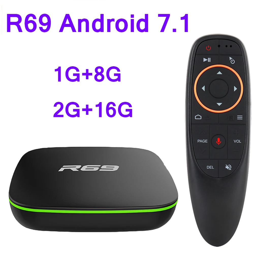 Приставка Смарт-ТВ R69 Allwinner H3 четырехъядерная Android 7 1 ГГц 2 ГБ 16 4 Wi-Fi 1080P |