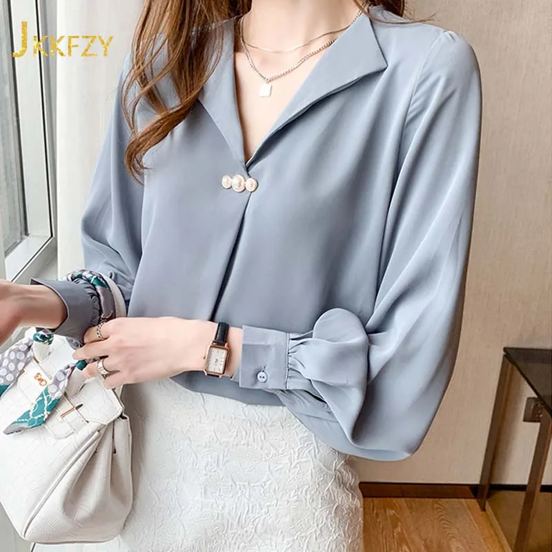 

Spring 2021 Professional Button Up Shirt Woman Chiffon Korean Long Sleeve Loose Suit V-neck Female Blouse Elegant Casual Tops