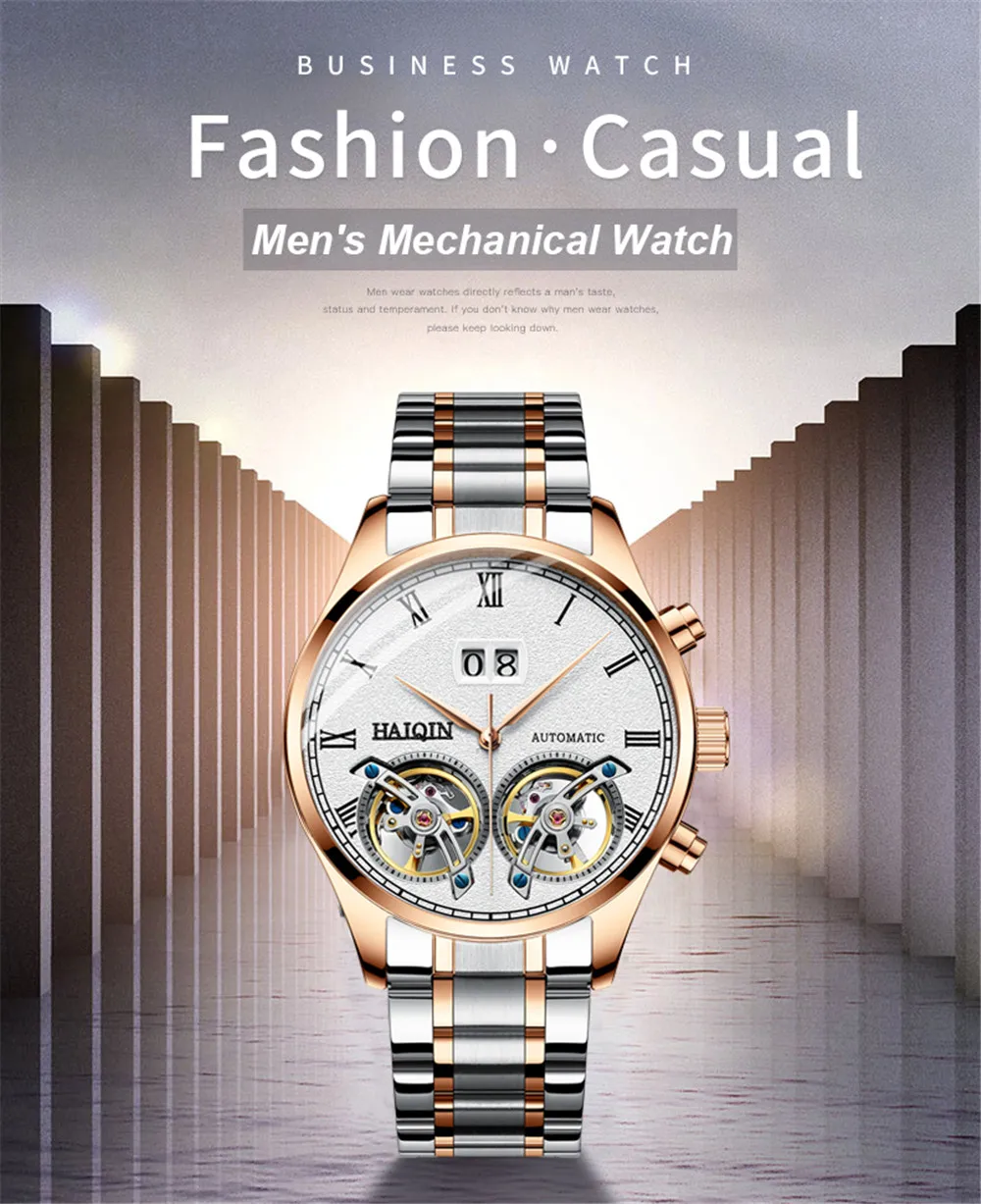 HAIQIN Men Mechanical Automatic Double Tourbillon Calendar Stainless Steel Wrist Watches Top Brand Luxury Military Male Clock