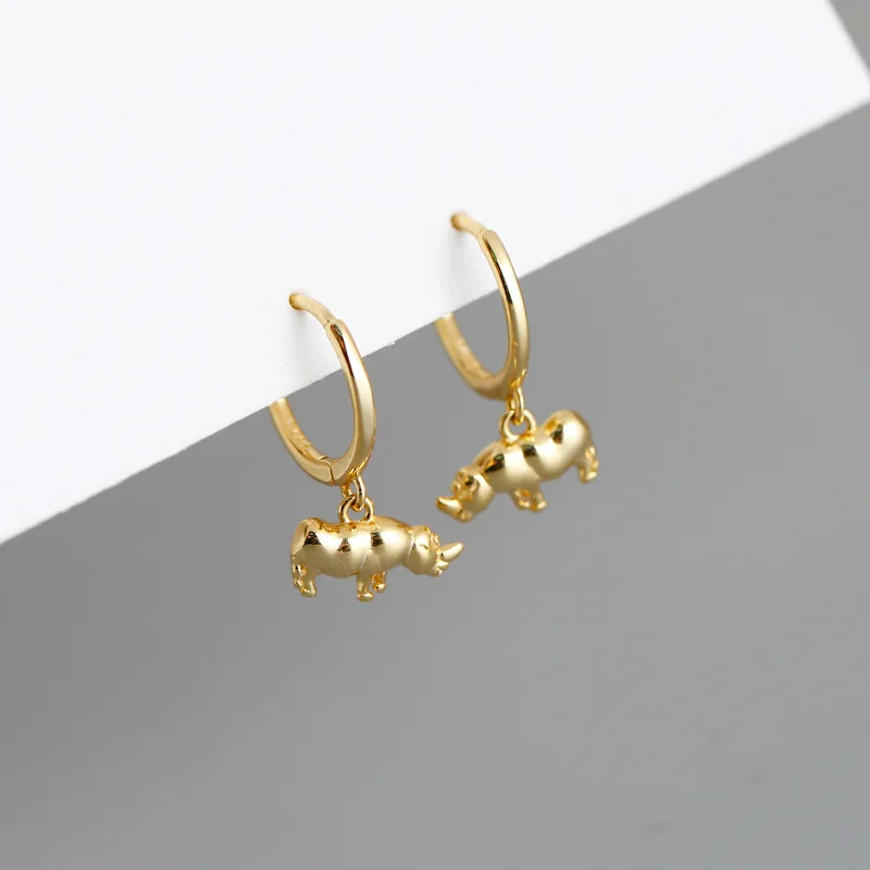 

1Pair Diameter 11mm Piercing 925 Sterling Silver Earrings for Women 2020 Trend Jewelry Animal Rhinoceros Pendant Earrings
