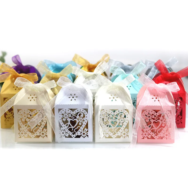 

wedding chocolate candy box love sweet pink box laser hollow heart-shaped box boite dragees de mariage 100PC