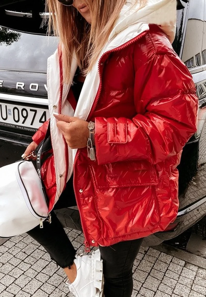 Parkas Shiny Hooded Coat Women Long Sleeve Zipper Casual Street Style Bomber Jacket Thick Warm Winter Parka Out wear Outfit 2023