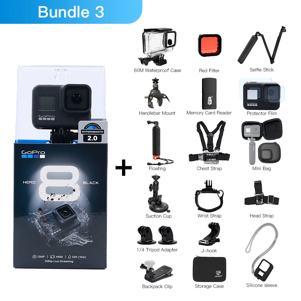 Bundle 3 Оригинальная Водонепроницаемая экшн-Камера GoPro HERO 8 черного цвета, 4 K, Ультра HD видео, 12 МП, фото, 1080 p, прямая трансляция, Go Pro Hero8, Спортивная камера - Цвет: Bundle 3
