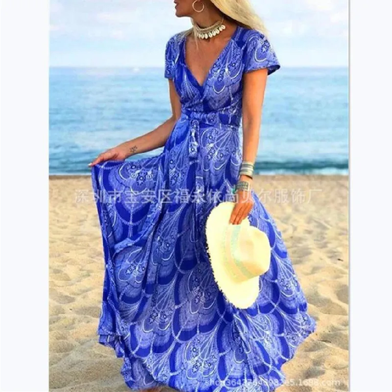 

2020 Summer Elegant Women Print Maxi Dress Bohemian Casual Deep V-neck Women Slim Dresses
