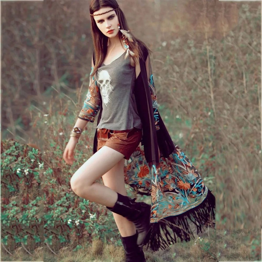 Японское кимоно халат кардиган женский сексуальный прозрачный шифон Вышивка