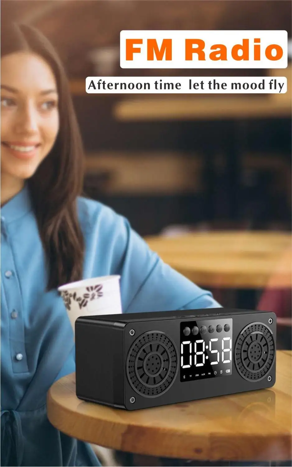 Беспроводной динамик Bluetooth с деревянным сабвуфером, ЖК-цифровыми часами и будильником на ночной стол, FM-радио.