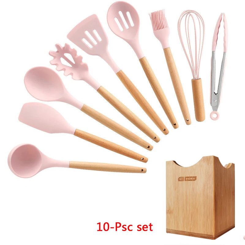 10-Pcs kitchen set 11-13 шт Силиконовая кухонная утварь набор кухонной утвари антипригарный шпатель Премиум деревянная ручка с ящиком для хранения кухонные инструменты - Цвет: 10-Pcs kitchen set