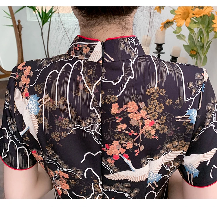 

M-4XL Chinese Style Crane Printing Women Dress 2021 Summer New Office Lady Slim Elegant Cheongsam Feamle Retro Party Dresses