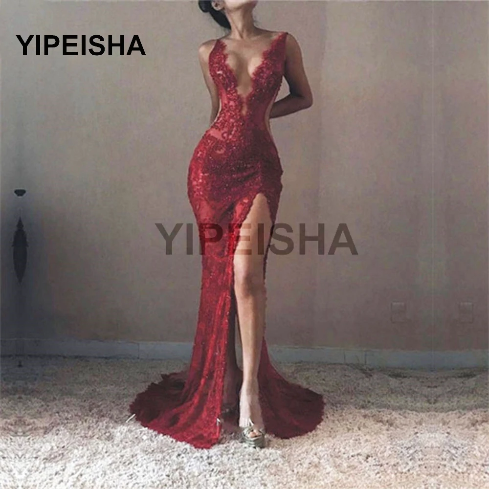 

Sexy Deep V-Neck Evening Dress Spaghetti Strap Sleeveless Front High Split Sweep Train Prom Party Gown robe de soire de mariage