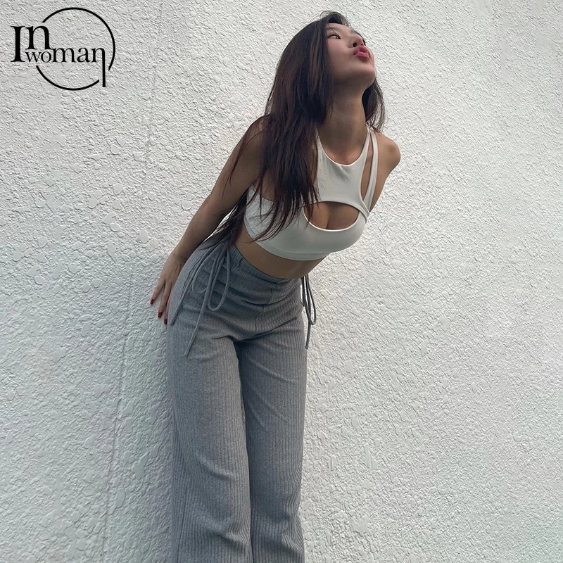 

Inwoman Casual Ribbed Knitted Wide Leg Pants Women High Waist Loose Pants Female 2021 Solid Elastic Bandage Flare Pants Women