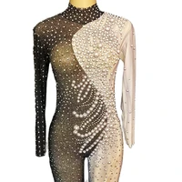 luxury pearls rhinestones spandex women long sleeve jumpsuits nightclub singer performance stage wear evening prom costumes