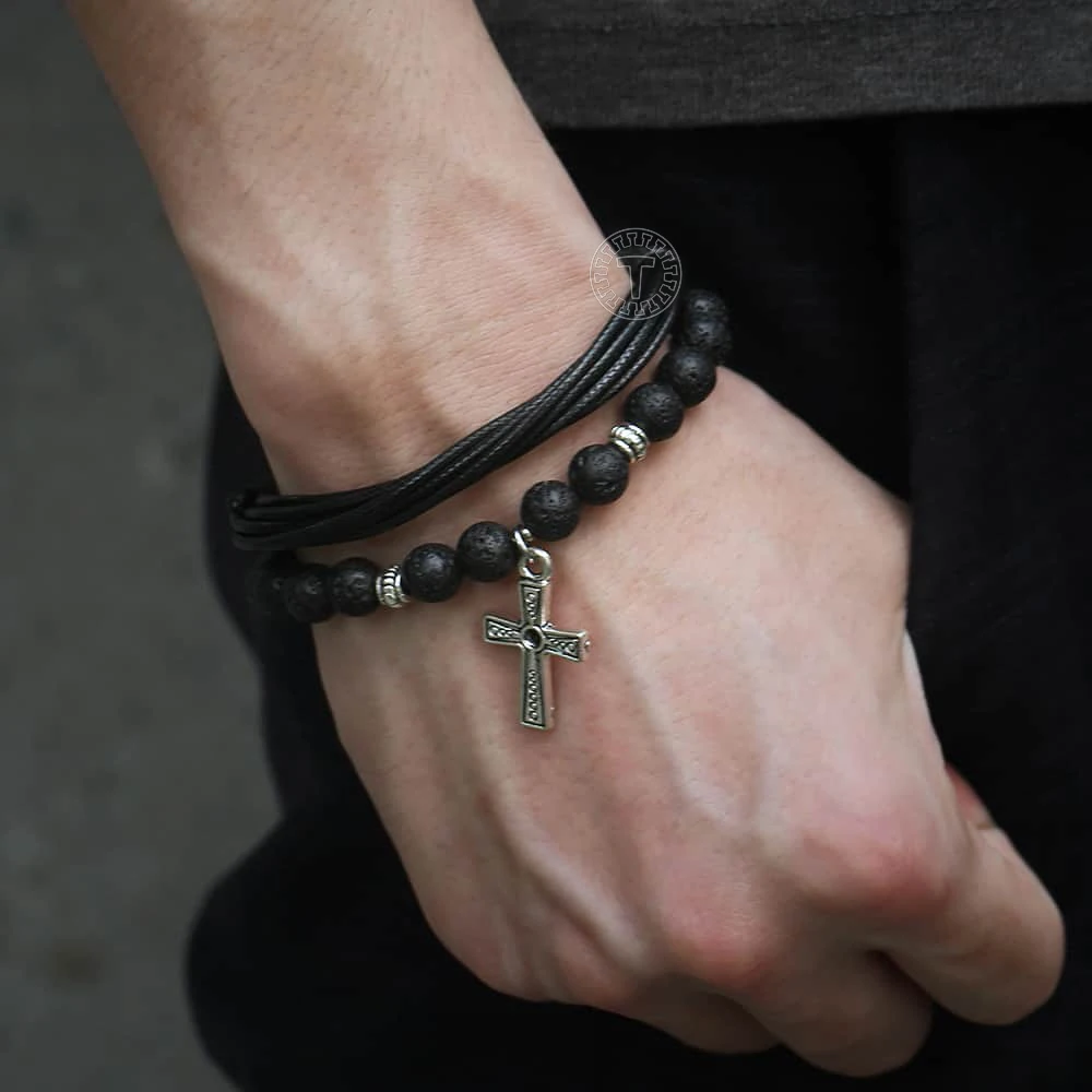 Уникальный мужской браслет из лавового камня и бисера нержавеющей стали с