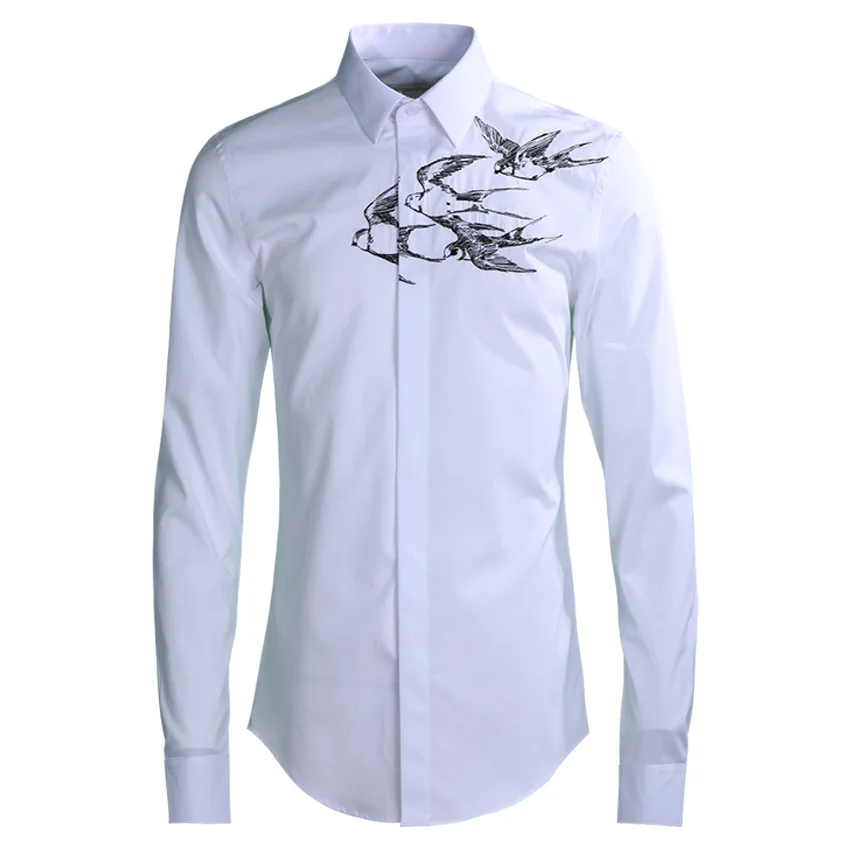 

2020 Black White Men Shirt Luxury Swallows Embroidery Long Sleeve Mens Shirts Fashion Slim Fit Mens Dress Shirts Plus Size 4XL