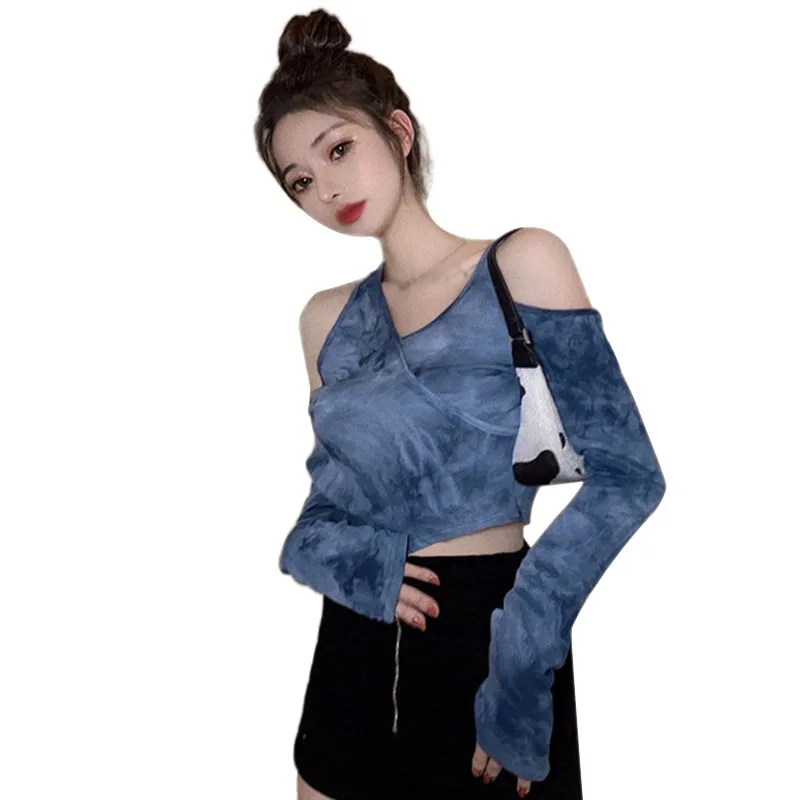 

Для женщин с v-образным вырезом галстук-окрашенная Футболки Осень Повседневное сексуальные пупок подвергается; Длинный рукав; Футболка