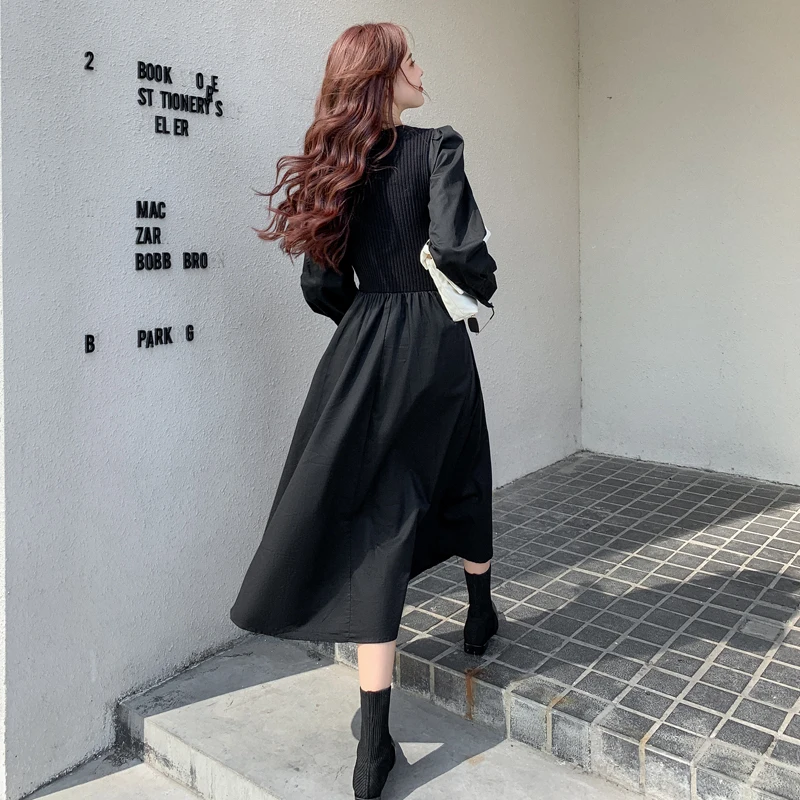 

2020 autumn Vintage Elegant Knitted Dress Women undefined Patchwork vestidos femme robe kobieta sukienka vrouw jurk woman dress