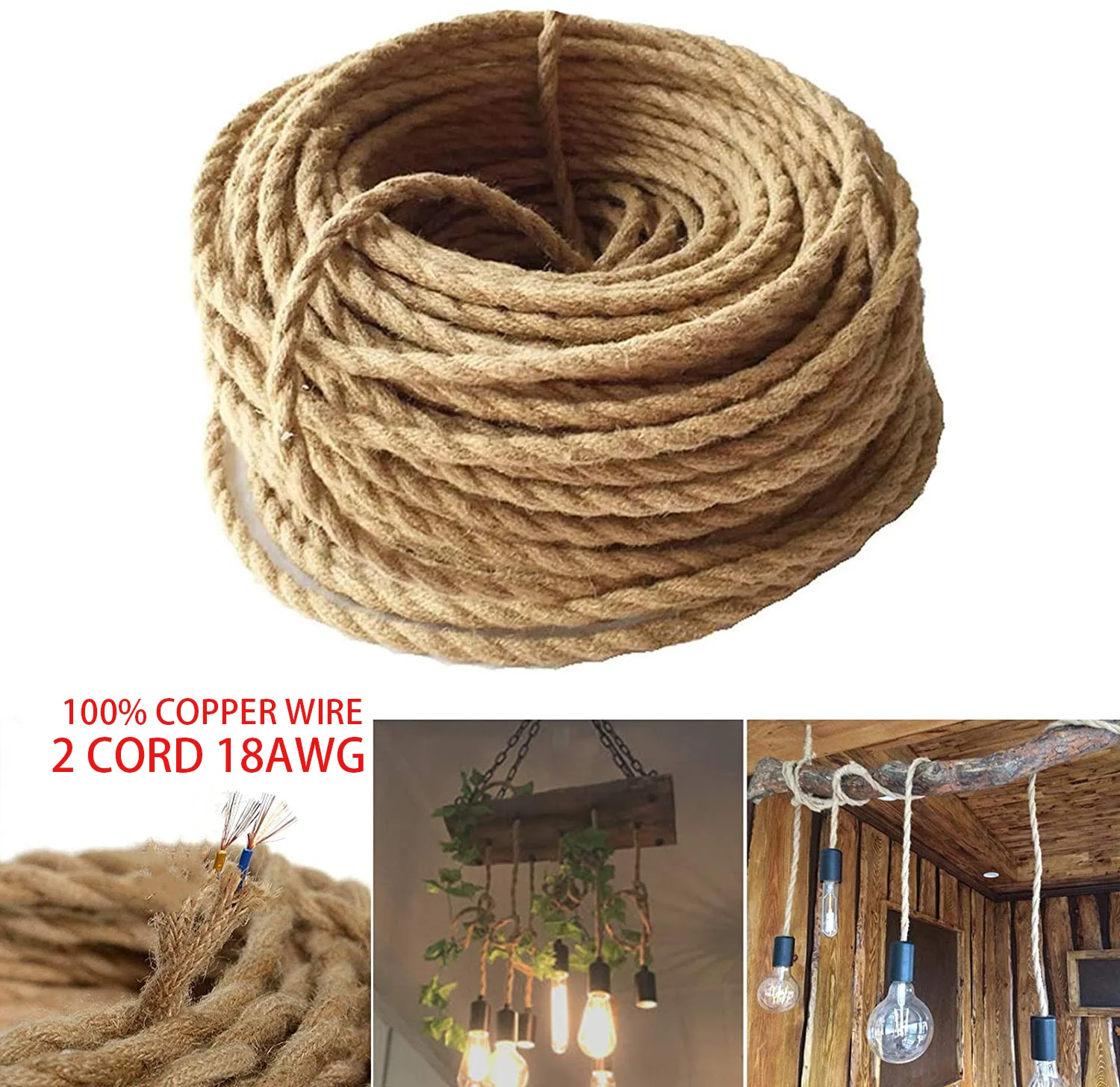 

2 Cord 0.75mm Vintage Rope Twisted Electrical Wire Hemp Rope Woven Textile Wire Twisted Cable Braided Retro Pendant Light Cord