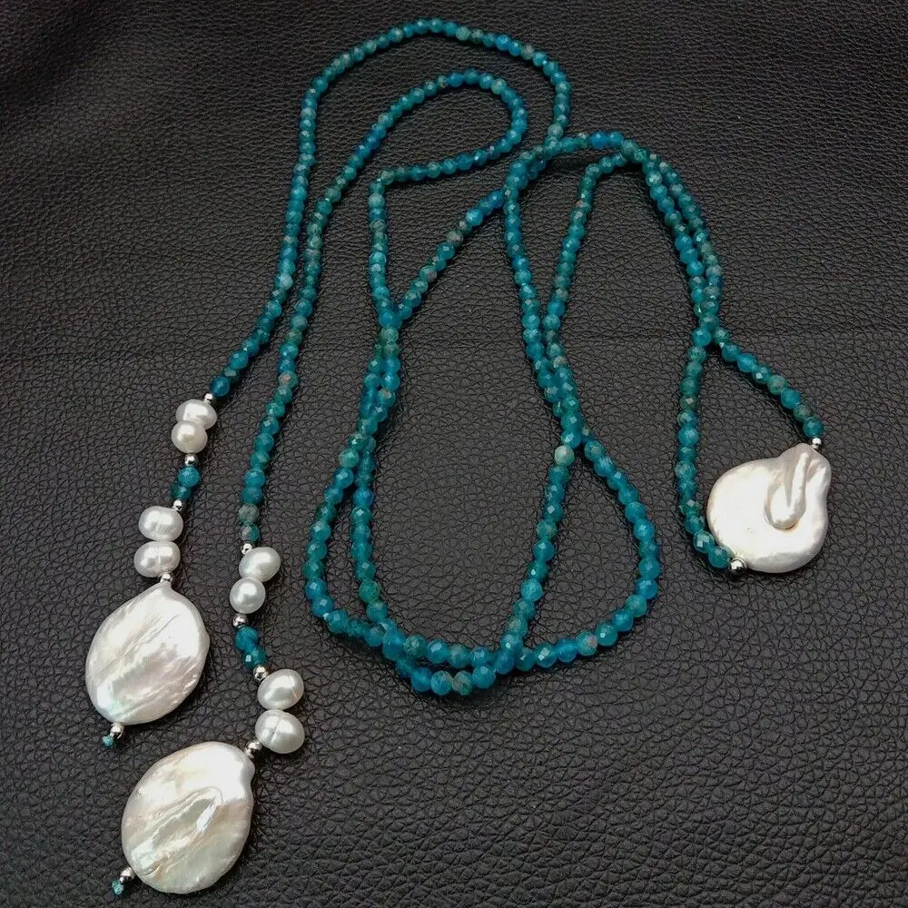 

53" Natural Faceted Blue Kyanite White Coin Pearl Long Necklace