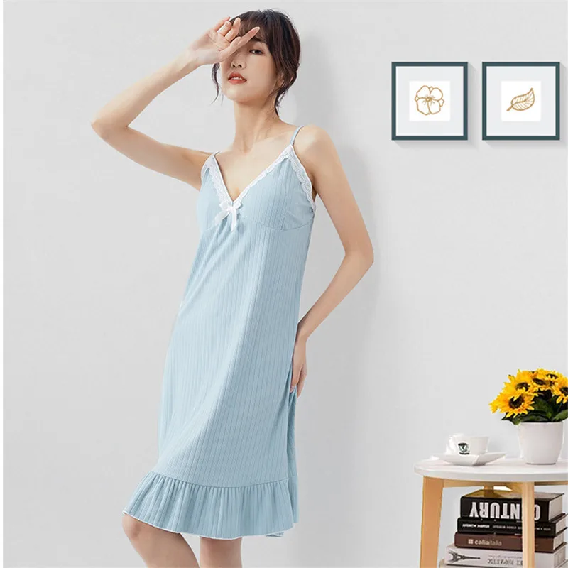 Summer New Style Women's Nightdress with Chest Cushion Comfortable V-neck Sling Nightgown & Sleepstirts Home Clothes Sleepwear