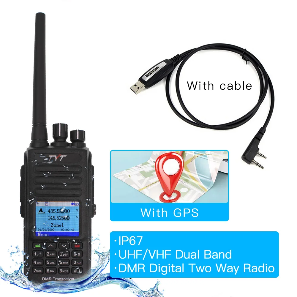 TYT MD-UV390 DMR цифровая рация UV390 IP67 водонепроницаемый двухдиапазонный УФ приемопередатчик gps опционально Upgrde MD-390+ USB кабель - Цвет: MD-UV390-GPS