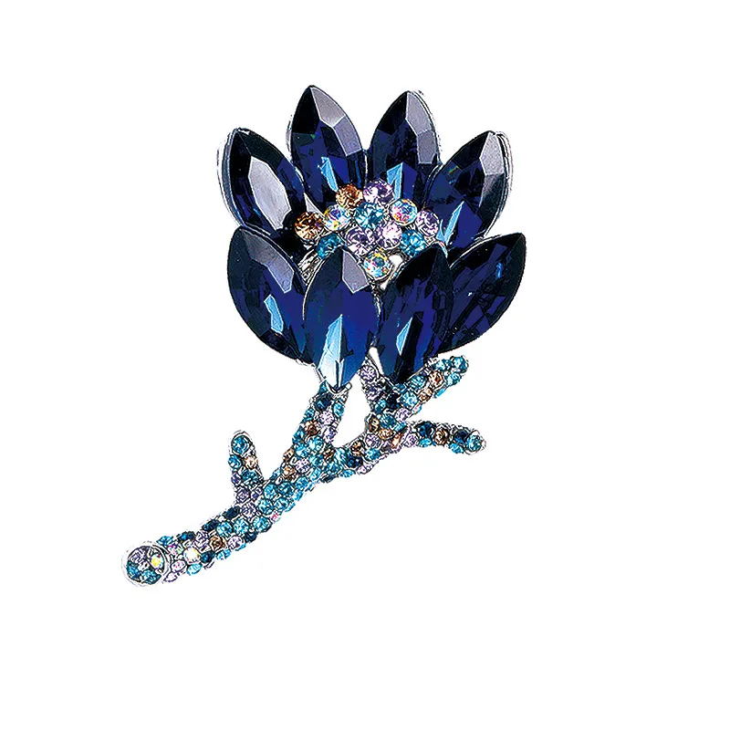 

Luxury Female Crystal Flower Brooch Boho Silver Color Jewelry Brooches For Women Charm Blue Zircon Pin Dress Coat Accessories