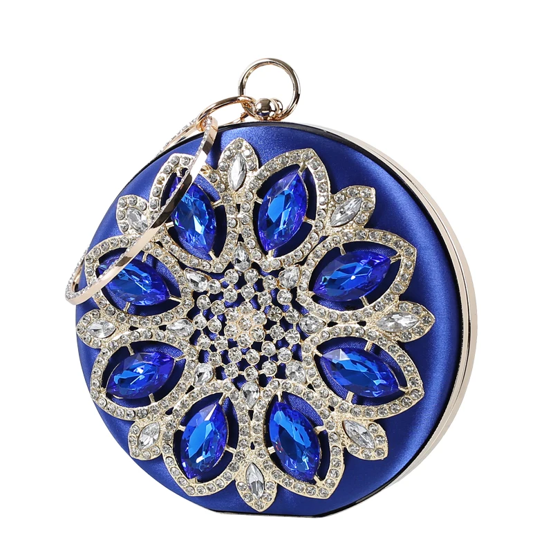 

Sparkling Hand-Made Gemstone Flower Rhinestone Wedding Purse Girls Solid Satin Fabric Evening Bags Luxury With Diamond Handle