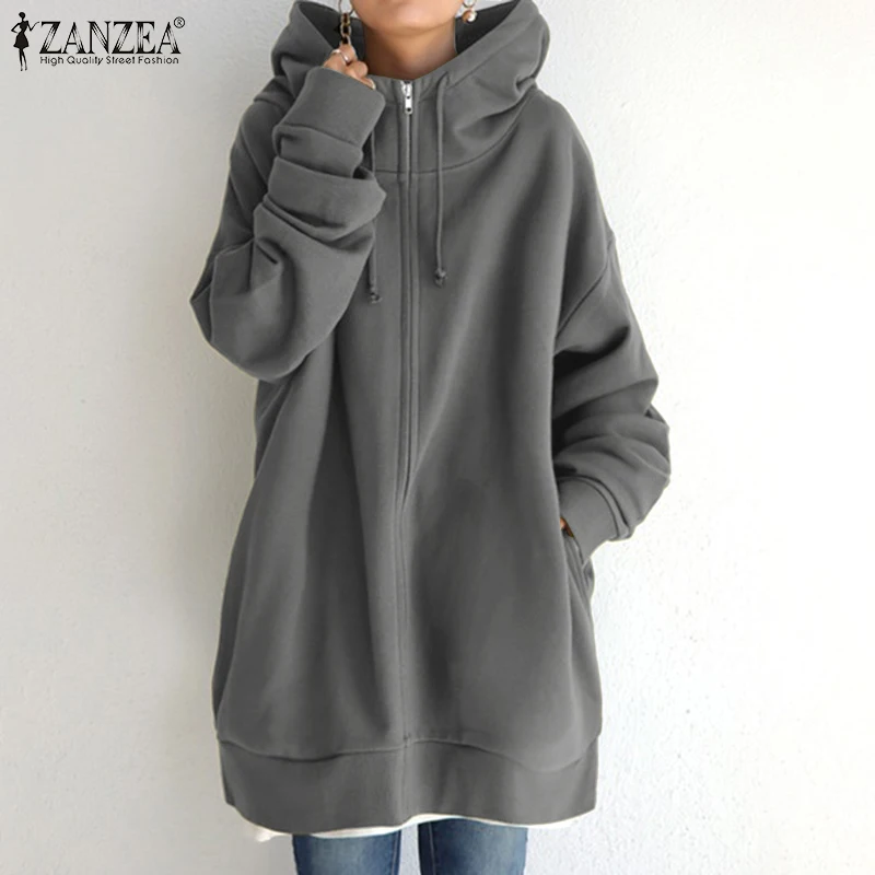 

Oversized Casual Zip-up Drawstring Baggy Hoodie ZANZEA Women Winter Warm Hooded Long Sleeve Sweatshirt Solid Vintage Coat Jacket