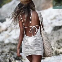 mika boutique summer new women sexy beach wear knitted hollow backless strappy hoodie overall sleeveless miniskirt sunscreen