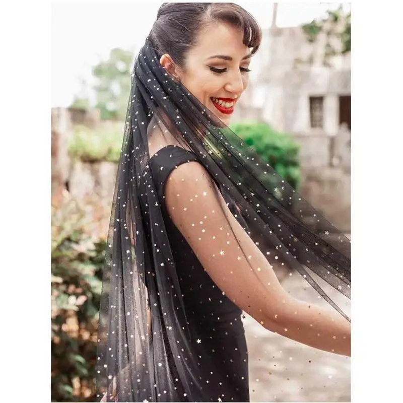 

Bridal Veils Black Gold Sequins Tulle With Comb Wedding Accessories Cathedral Long Vintage For Brides Stars Galaxy