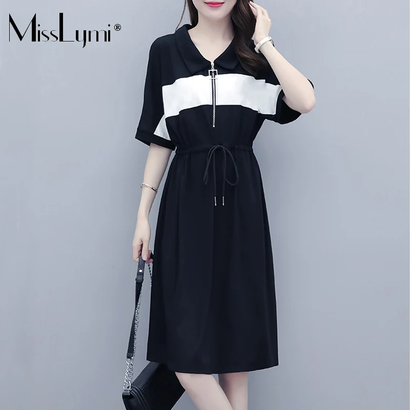

L-5XL Plus Size 2021 Summer Casual Dress Women Zipper Peter Pan Collar Short Sleeve Hit The Color Drawstring Loose Sport Dress