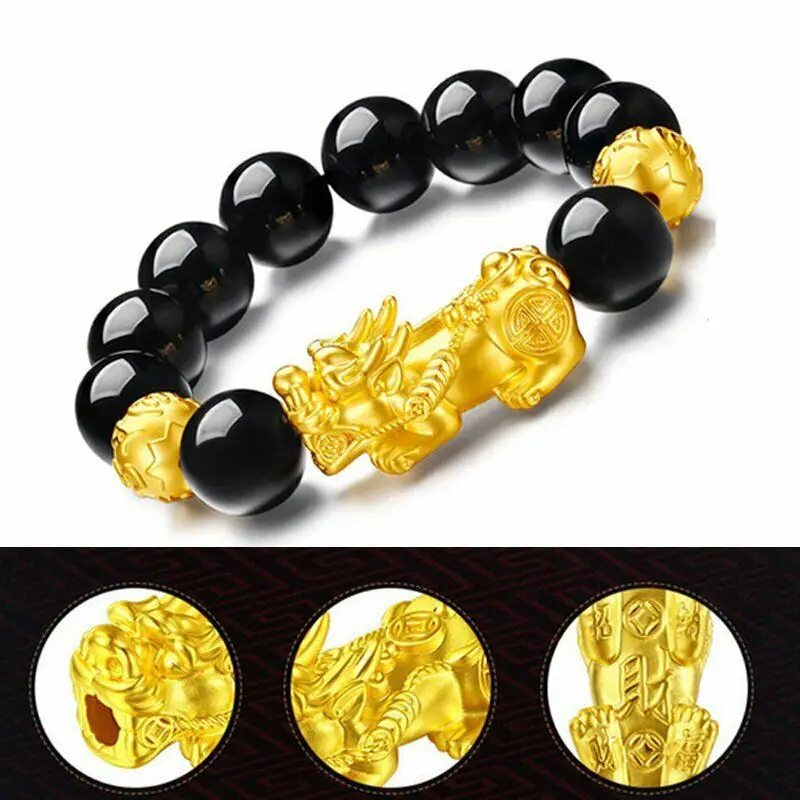 Unisex Men Bracelet Lucky Buddha Obsidian Stone Bead Bracelets Chinese FengShui Pi Xiu Color Changing Wristband Wealth | Украшения и