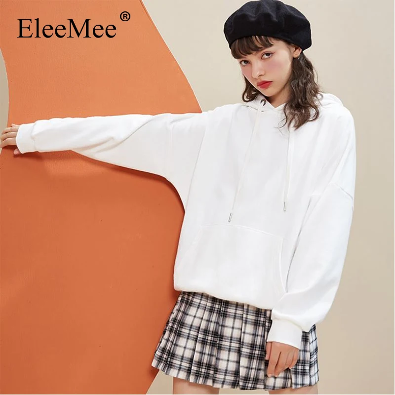 

EleeMee Plus Size S-Xl Casual Hooded Sweater Women Loose Pocket Solid Color All-Match Fashion Hoodies Female All-Match Tops