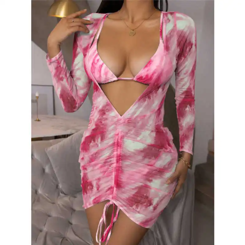 

2021 Mesh Bikini 3 Pcs Set Women Summer Elegant Chic Print Long Sleeve Drawstring Sexy Swimwear Ledies Beach Women's Swimsuit