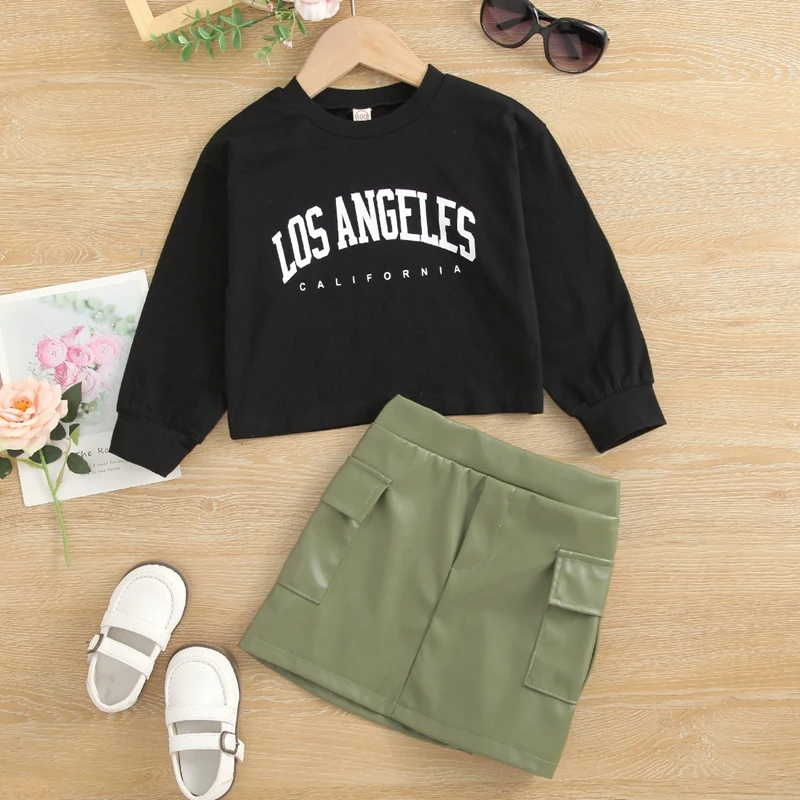 Autumn Fashion Girls Clothes 2pcs Sets Letter Printed Long Sleeve Sweatshirt Tops PU Leather Skirts Outfits for 2-7 Years Girls