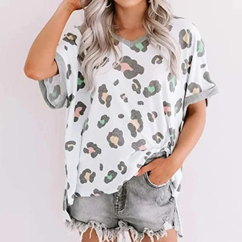 

New European and American Women's Summer Loose V-neck Short Sleeve Printed T-shirt Top Woman Tshirts Graphic Tee
