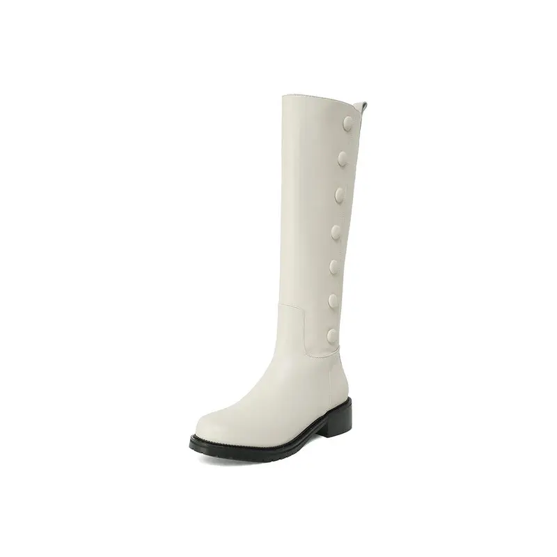 

Genuine Leather med Heels Boots Knee High Boots button Round toe Shoes Woman Side Zipper Party Casual Basic women Pumps