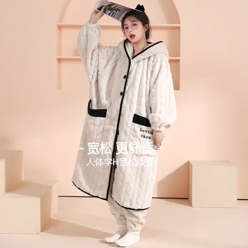 Women Robe Sets Autumn and Winter 2021 New Nightgown Female Thickened Padded Pajamas Female Pajamas Set Pajama Woman Sleepwear