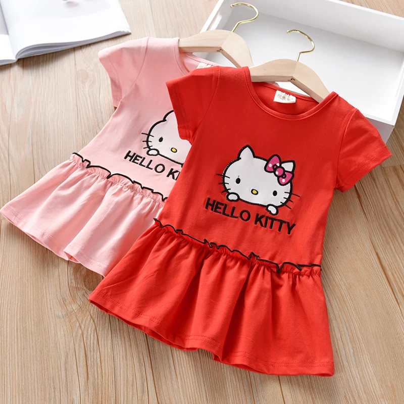 Kids Hello Kitty Dress Summer Princess Party Short Sleeve Children Girls Red Toddler Clothes Rabbit Cotton Ruched Fashion | Детская