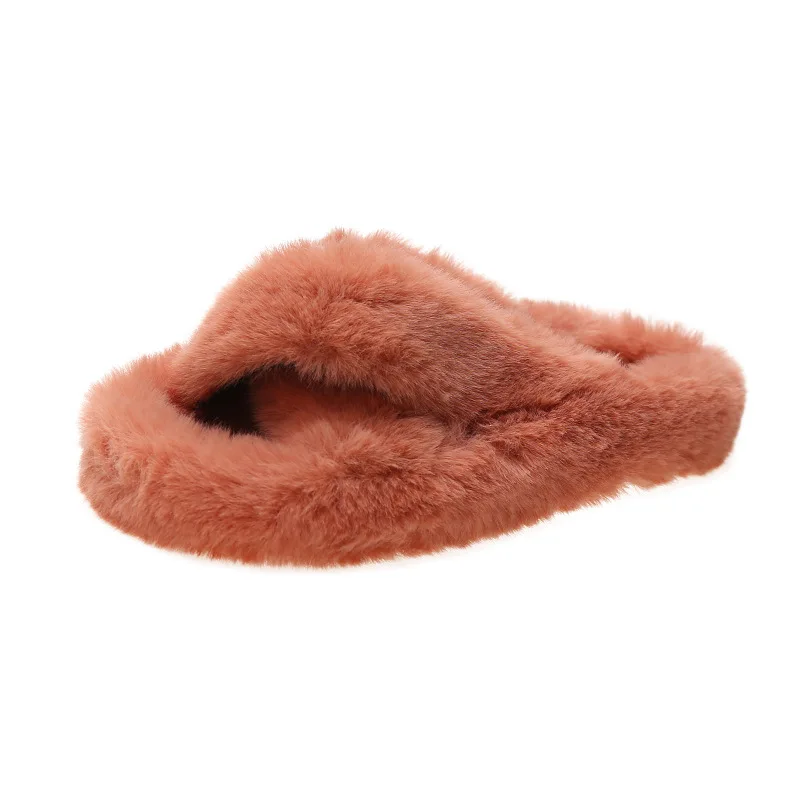 

Women Fashion Warm Fluffy Slippers Cross Cozy Faux Fur Indoor Floor Outdoor Slides Flat Soft Furry Ladies Celebrities Flip Flop