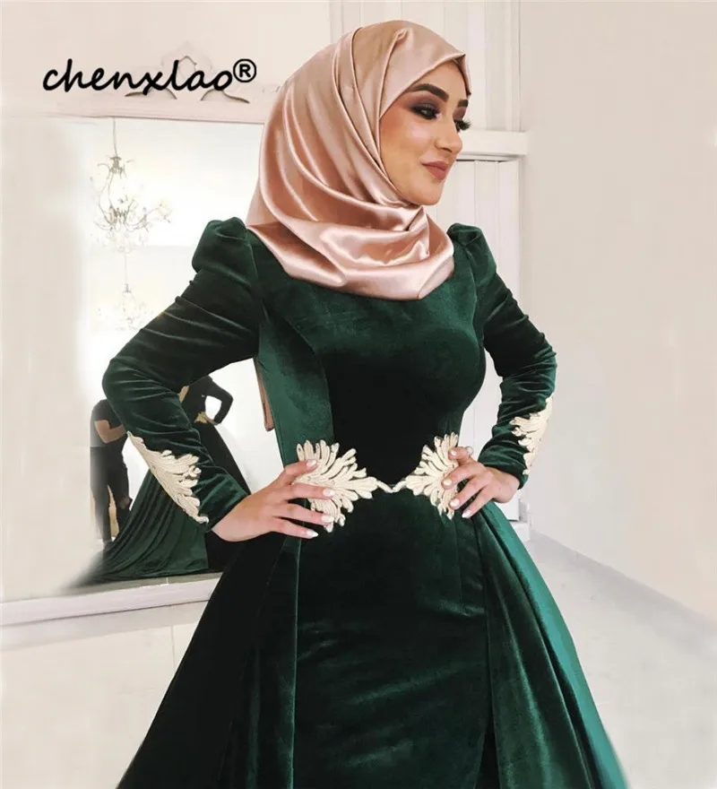 Зеленые мусульманские Вечерние платья Русалка с длинным рукавом бархат кружево исламский Дубай Саудовская Арабская длинное вечернее платье для выпускного вечера