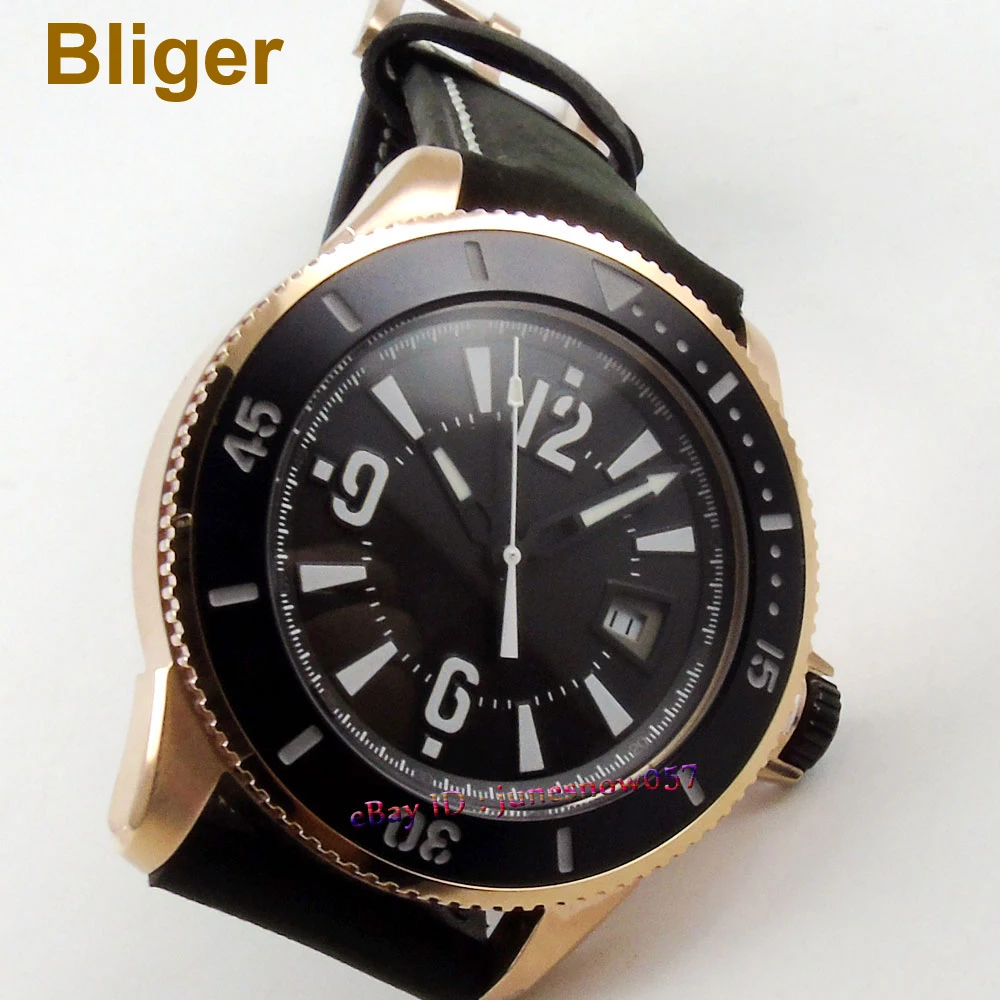 Мужские часы с черным циферблатом Bliger 43 мм светящаяся рамка окошком даты Золотой