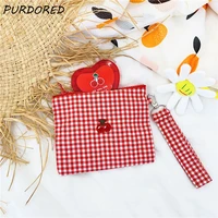 PURDORED 1 Pc Cherry Red Plaid Makeup Bag Young Girls Sweet Zipper Cosmetic Bag Mini Women Beauty Case Travel Make Up Bag